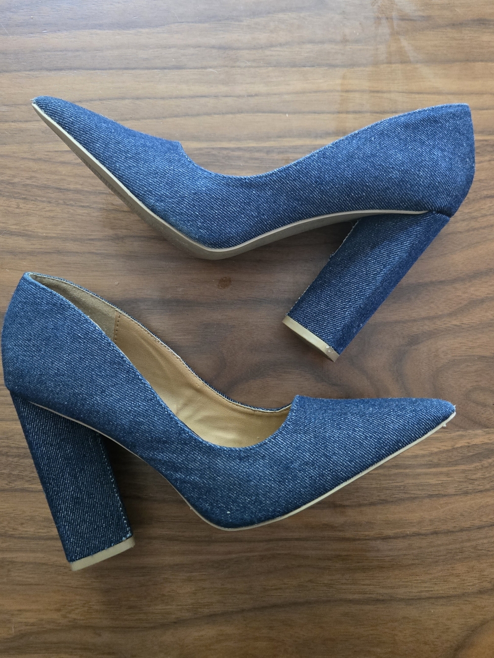 Y2K Aesthetic Denim Pointy Toe Chunky Block Heel Pumps Blue Jean Size 8